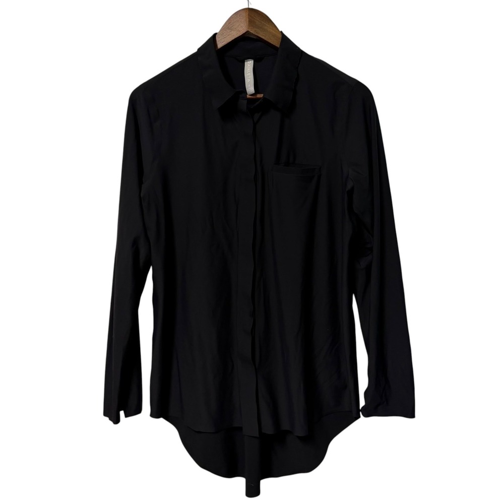 Athleta Button Down Shirt Womens Small Black Long Sleeve High Low Stretch Travel
